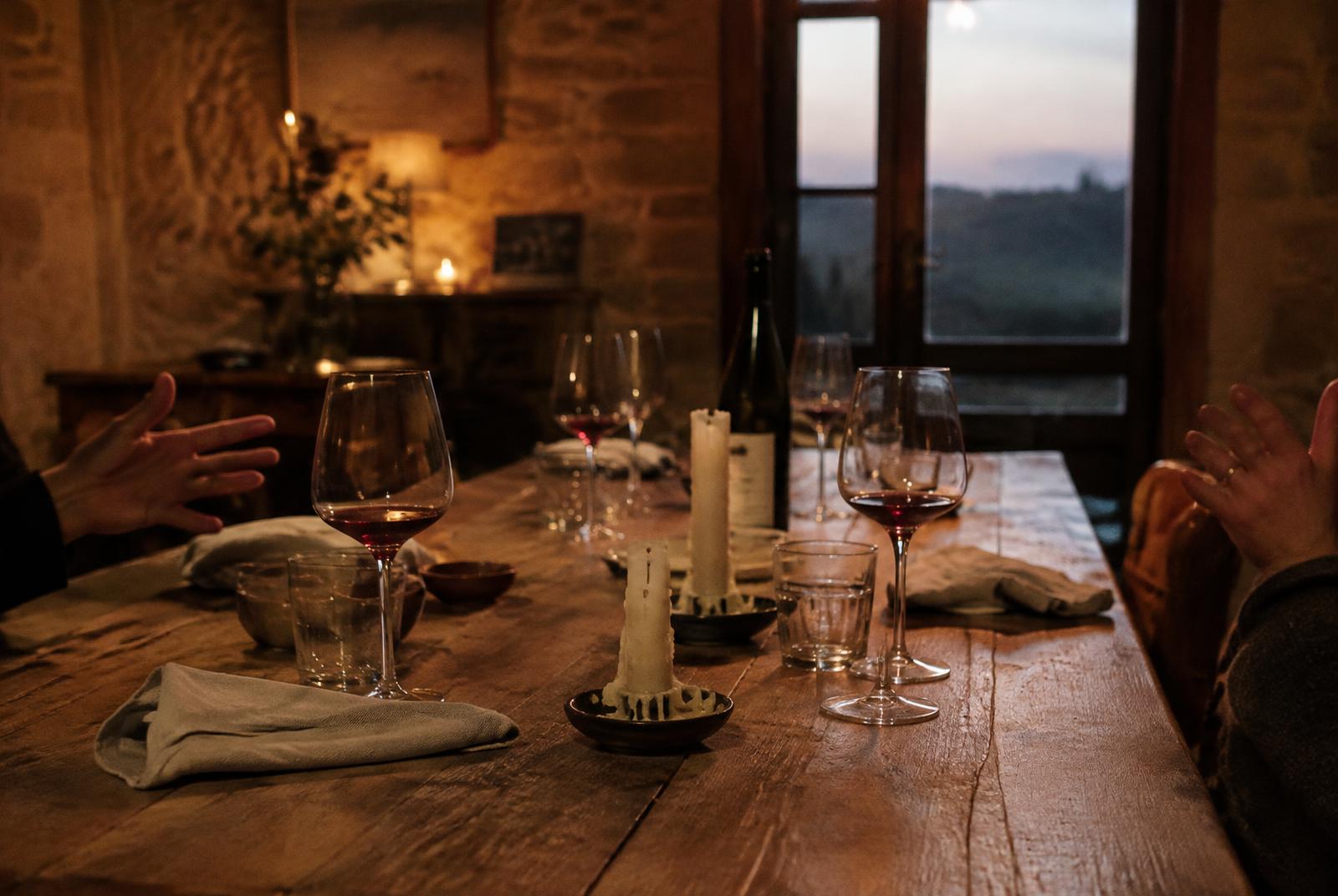 A dinner table mid-conversation