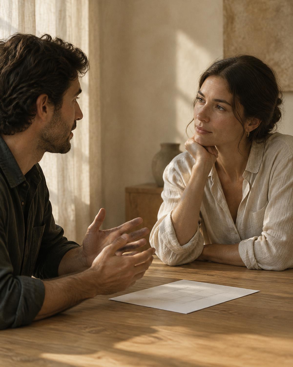 Two people in conversation across a wooden table, an idea taking shape between them